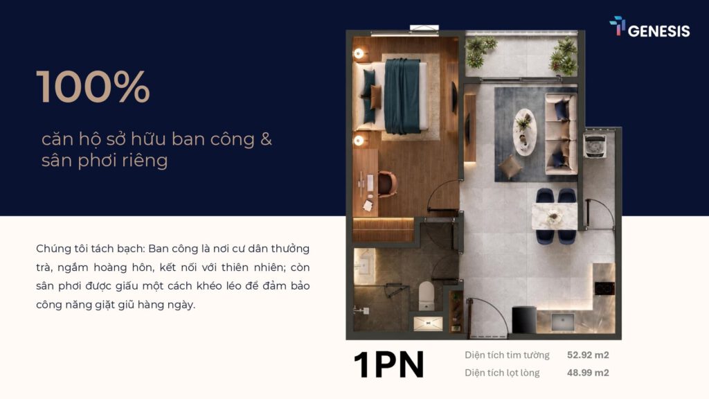 Layout chi tiết căn hộ 1 phòng ngủ TT Genesis