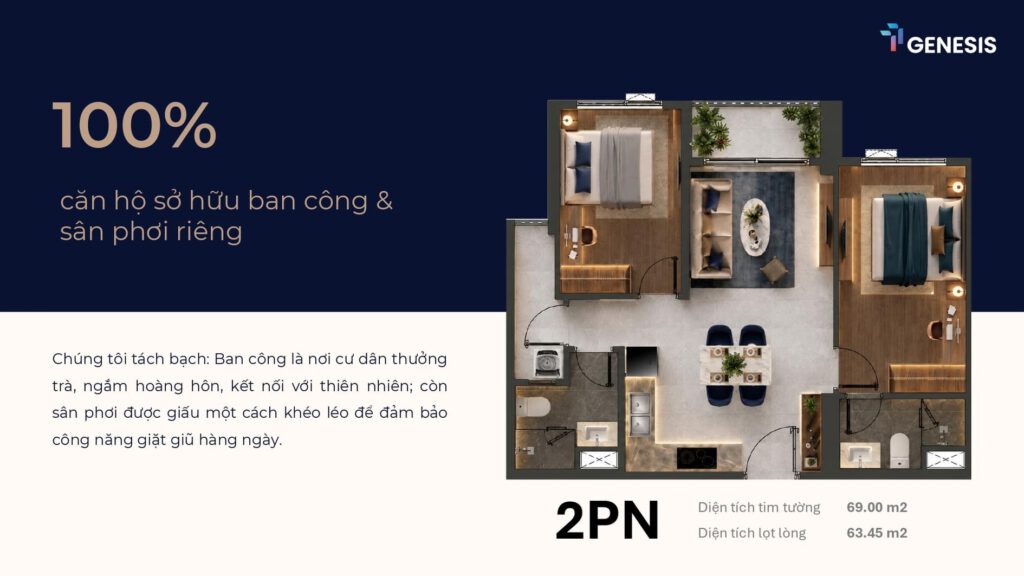 Layout chi tiết căn hộ 2 phòng ngủ TT Genesis