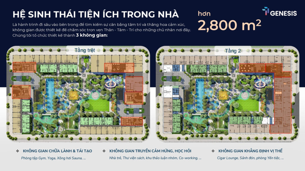 2. Hệ sinh thái tiện ích trong nhà (Hơn 2.800m2)

Phân bổ tại tầng trệt và tầng 2, đây là hành trình đi sâu vào bên trong để tìm kiếm sự cân bằng tâm trí và thăng hoa cảm xúc:

    Không gian chữa lành & tái tạo: Nơi phục hồi năng lượng mỗi ngày với phòng tập Gym, Yoga và phòng xông hơi Sauna.
    Không gian truyền cảm hứng, học hỏi: Môi trường phát triển toàn diện với nhà trẻ, thư viện sách, khu thảo luận nhóm và không gian Co-working.
    Không gian khẳng định vị thế: Đặc quyền dành riêng cho cộng đồng tinh hoa với Cigar Lounge, phòng Yến tiệc và Sảnh đón Lucis sang trọng.
